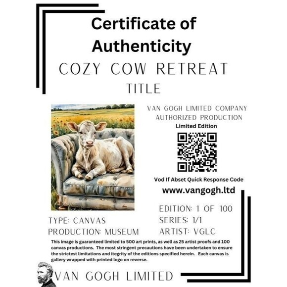 Cow‎ Canvas Wall Art Cozy Cow Retreat LTD EDT Canvas Van Gogh LTD 24x18 - Picture 2 of 6